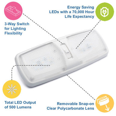 Designer Double LED RV Dome Light with 3-Way Switch and Removable Lenses