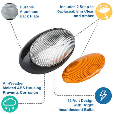 RV Oval Porch Utility Light - Black Base with Removable Lens