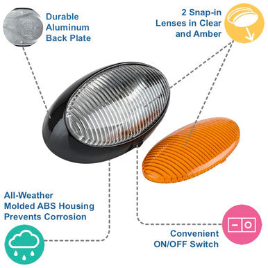 LED RV Oval Porch Utility Light - Black Base with Removable Lens